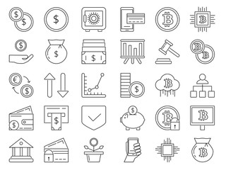 Linear icons set of money and business symbols. Credit cards, coins