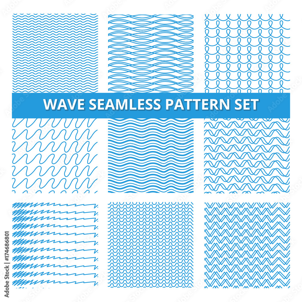 Poster seamless patterns set with scribbles lines and waves. vector hand drawn pictures