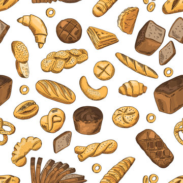 Bun, bagel, baguette and other bakery foods. Vector seamless pattern in retro style