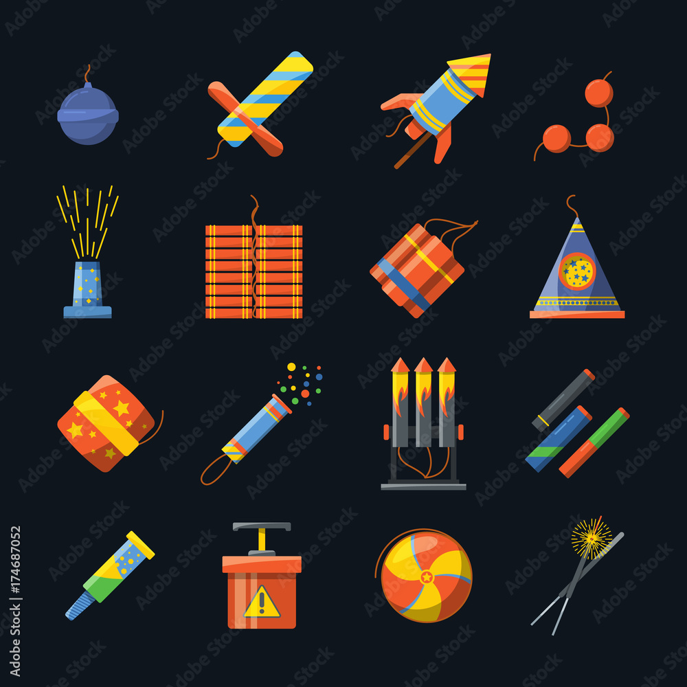 Poster pyrotechnics for holidays and different tools for fire show. vector icons set in flat style