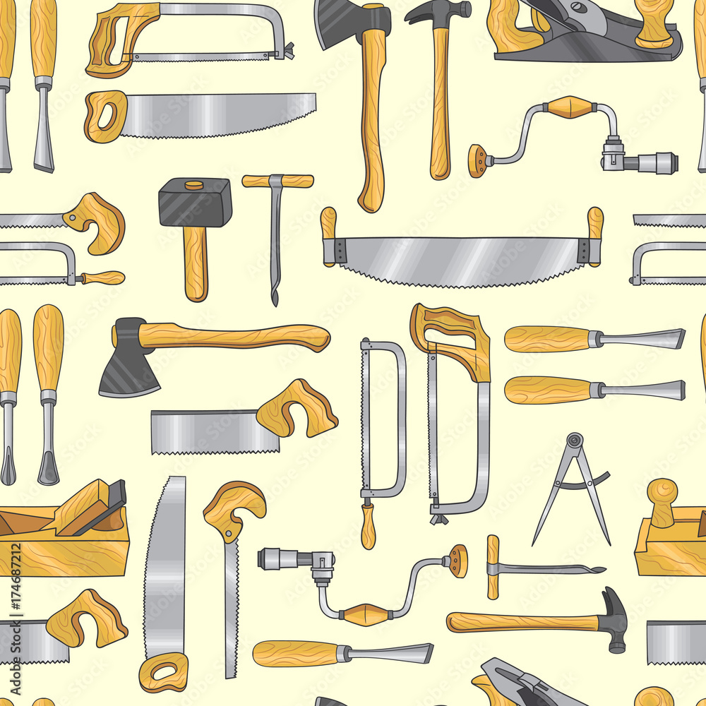 Poster seamless pattern set with carpentry tools