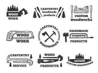 Labels for woodworking shop. Monochrome illustrations with carpentry tools