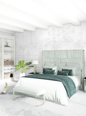 White bedroom or livingroom minimal style interior design with stylish wall and sofa. 3D Rendering. Conept of show room