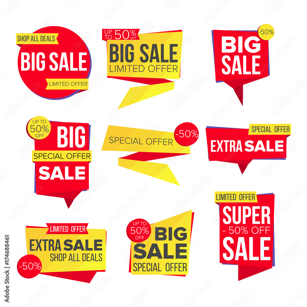 Poster Sale Banner Set Vector. Website Stickers, Color Web Page Design. Up To 50 Percent Off Badges. Isolated Illustration