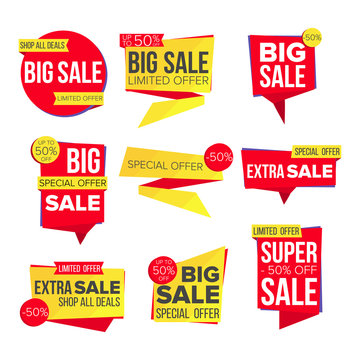 Sale Banner Set Vector. Website Stickers, Color Web Page Design. Up To 50 Percent Off Badges. Isolated Illustration