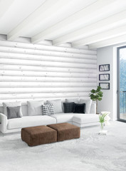 White bedroom or livingroom minimal style interior design with stylish wall and sofa. 3D Rendering. Conept of show room
