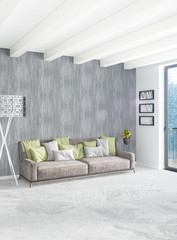 White bedroom or livingroom minimal style interior design with stylish wall and sofa. 3D Rendering. Conept of show room
