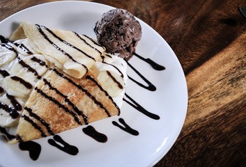Banana chocolate crape cake with chocolate ice cream