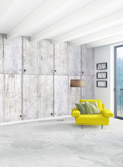White bedroom or livingroom minimal style interior design with stylish wall and sofa. 3D Rendering. Conept of show room