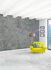 White bedroom or livingroom minimal style interior design with stylish wall and sofa. 3D Rendering. Conept of show room