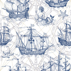 Old caravel, vintage sailboat, sea monster. Monochrome Hand drawn sketch. Vector seamless pattern for boy. Detail of the old geographical maps of sea.