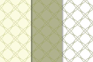 Naklejka premium Olive green and white geometric ornaments. Set of seamless patterns