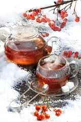 Still life tea snow snow snowboard table hot steam sugar mountain ash red tongs beautiful art decorative picture