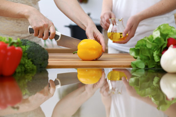 Close-up of  human hands  cooking in a kitchen. Friends having fun while preparing fresh salad. Vegetarian, healthy meal and friendship concept
