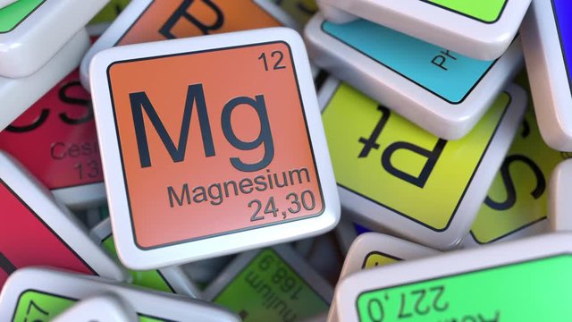 Magnesium block on the pile of periodic table of the chemical elements blocks. Chemistry related intro animation