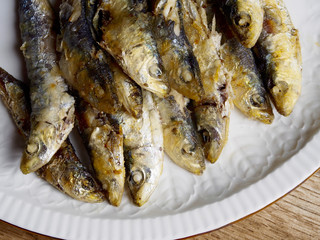 Fried small sardine on a plate