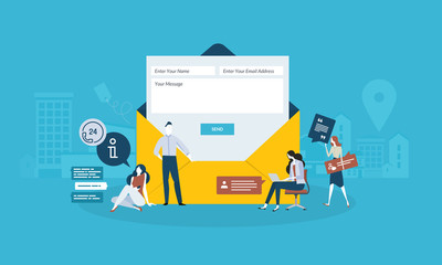 Contact us. Flat design business people concept. Vector illustration concept for web banner, business presentation, advertising material.