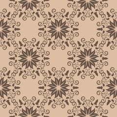 Brown floral seamless pattern on beige background