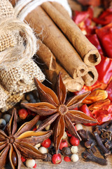 Spices with anise seeds, cinnamon, clove, pepper 