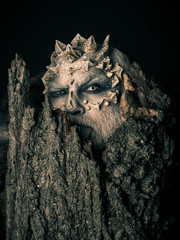 Druid behind old bark on black background