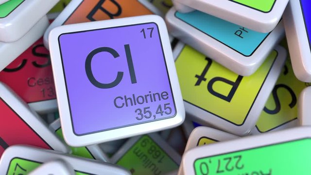 Chlorine block on the pile of periodic table of the chemical elements blocks. Chemistry related intro animation