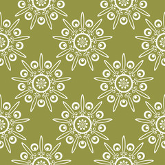 White floral seamless pattern on olive green background