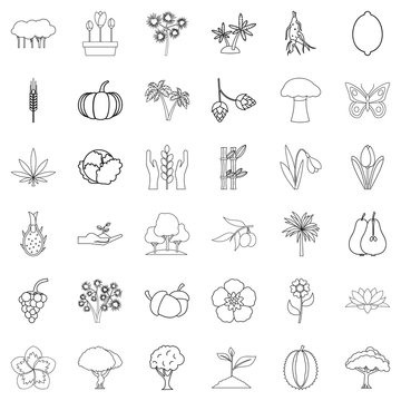 Flora icons set, outline style