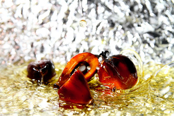 Palm oil background / Palm oil is an edible vegetable oil derived from the reddish pulp of the fruit of the oil palms