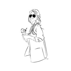 Outline of a beautiful girl wearing hat and bring ice cream