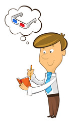 office cartoon clerk sitting thinking in three dimensional - isolated illustration