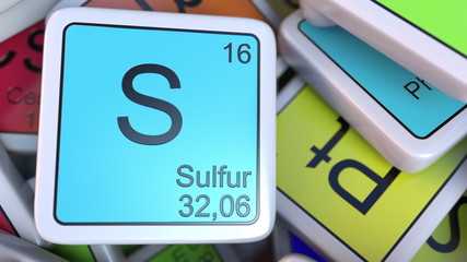 Sulfur block on the pile of periodic table of the chemical elements blocks. Chemistry related 3D rendering