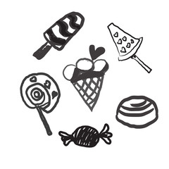 Sweet candies line icons set in shape of circle with assorted chocolates colorful lollipops isolated vector illustration