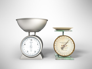 Kitchen scales comparison of old scales new scales 3d render on gray background