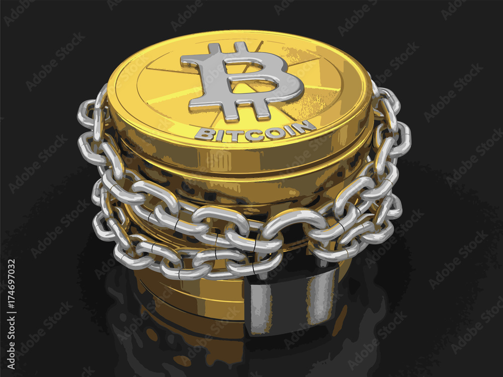 Poster stack of golden bitcoin and chain. image with clipping path