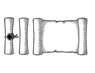 Set scroll with seal isolated on white background. Vector engraving