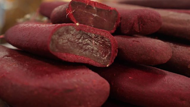 Meat delicatessen and cheese on the counter in the bazaar. 4k.