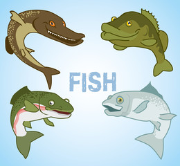 set of commercial fish on a blue background. vector illustration