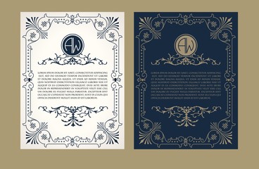 Vintage set. Greeting card with monogram logo label and frame for use banner of hotel label, spa service, business offer, wedding invitation