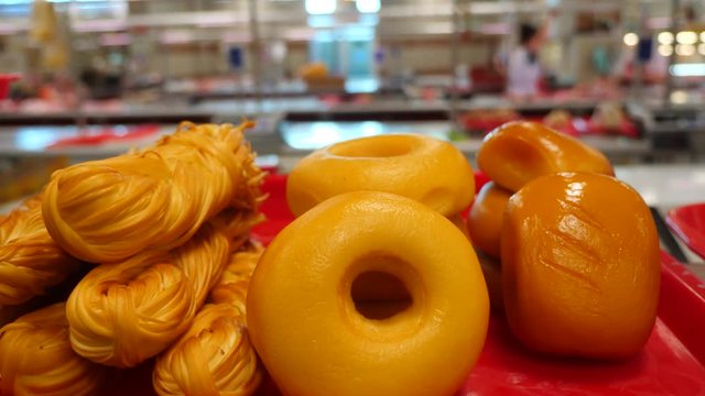 Meat delicatessen and cheese on the counter in the bazaar. 4k.