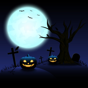 Halloween night with blue Moon and pumpkins, illustration.
