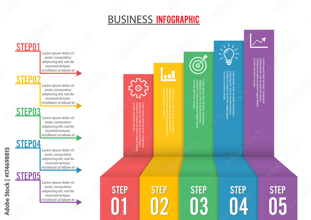 Poster business growth 5 step infographics option. template for presentation and workflow layout. abstract 