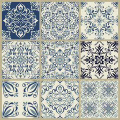 Collection of 9 seamless ceramic tiles with damask pattern, texture for wallpaper, web page background, fabric and wrapping paper design.