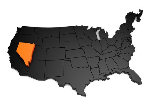 United States of America, 3d black map, with Nevada state highlighted in orange. 3d render