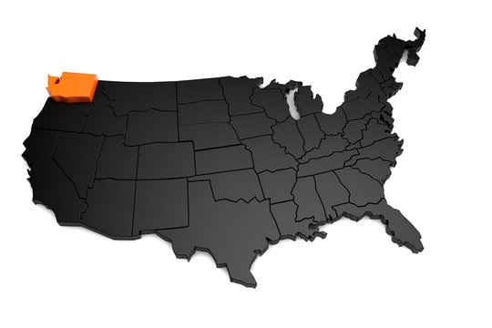 United States of America, 3d black map, with Washington state highlighted in orange. 3d render
