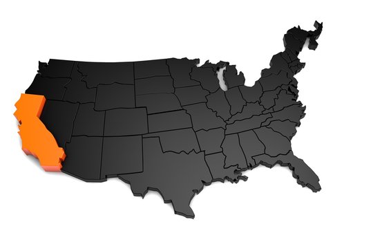 United States of America, 3d black map, with California state highlighted in orange. 3d render