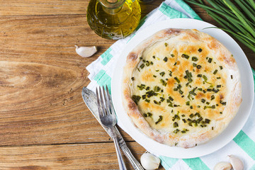 tart with onions and cheese, food closeup