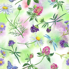 Tuinposter Seamless watercolor pattern of wild flowers: chamomile, clover, daisies. © Ollga P