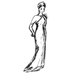 Female fashion model in turban, stylish evening dress for advertising, shop, showcase, design, covers, prints, posters, cards. Hand drawn sketch, curly lines. Black and white colors.