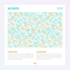 Arthritis concept with thin line icons of symptoms and treatments: pain in joints, obesity, fast food, alcohol, medicine, wheelchair. Vector illustration for banner, web page, print media.