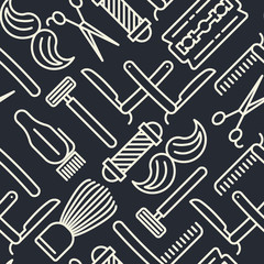 Monochrome barber shop seamless pattern with thin line icons of shaving accessories. Vector illustration for web page, banner, print media.